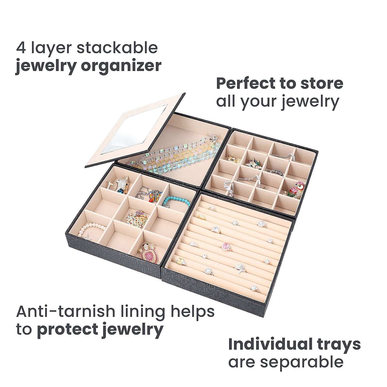 4-Layer Stackable Jewellery Oragnizer with Inside Mirror and Anti Tarnish Lining ( Size 21.59x21.59x21.59 Cm) - Black 3478240 5