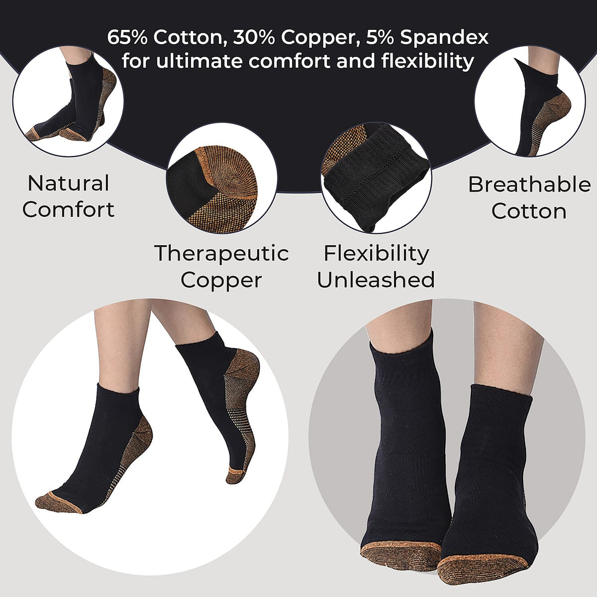 4 Pairs Antibacterial Copper Infused Compression Socks (Size S-M, 5-10) - Black 7134750 2