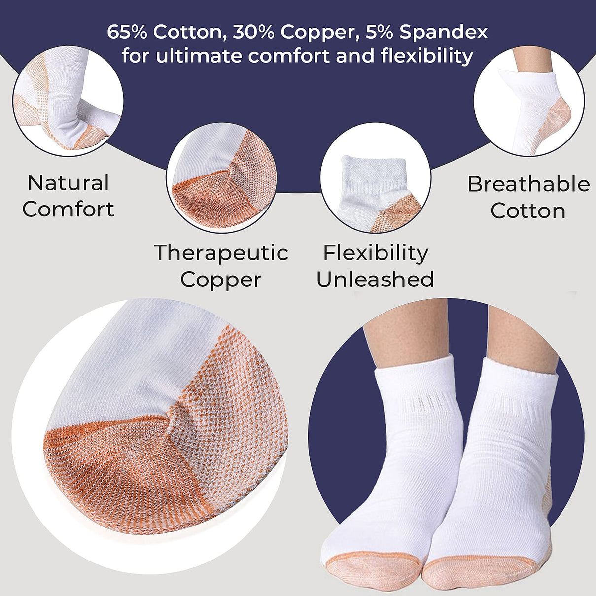 4 Pairs Antibacterial Copper Infused Compression Socks - White and Brown 6295751 6