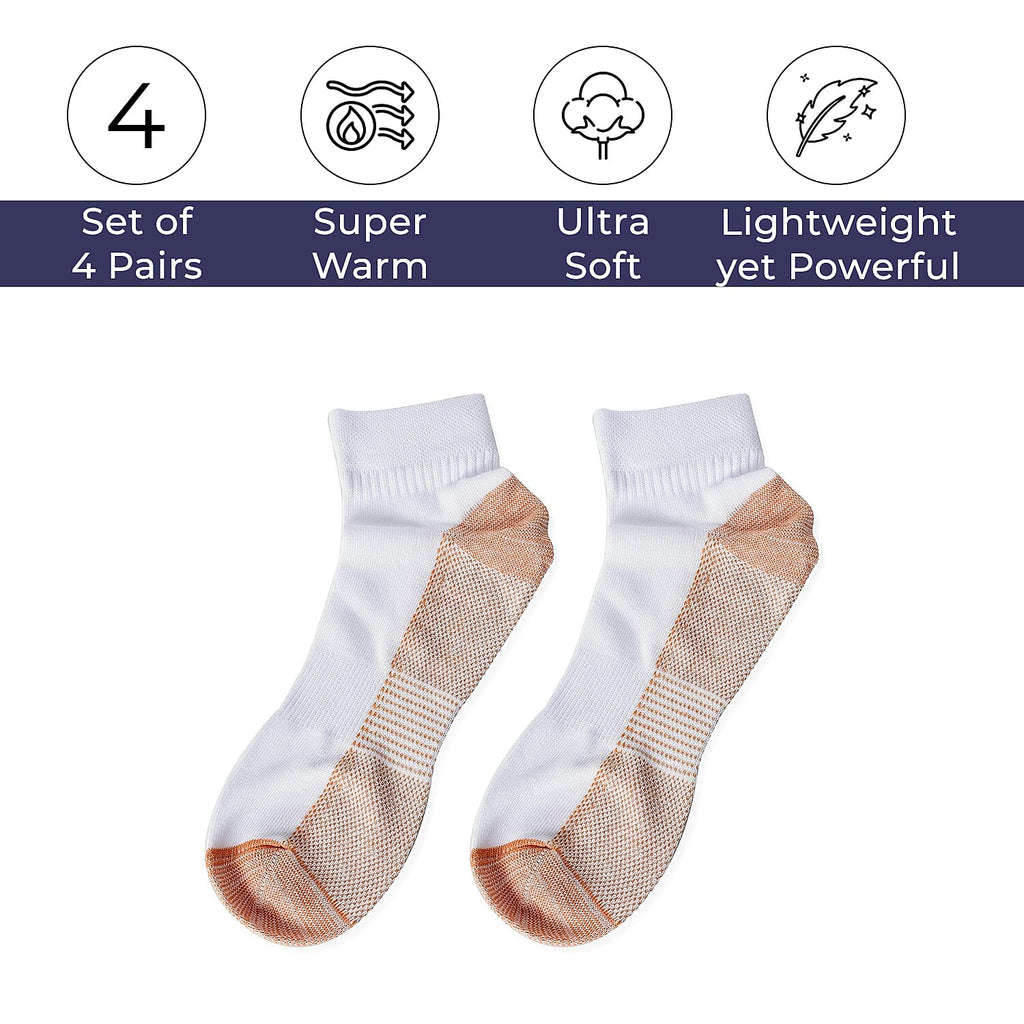 4 Pairs Antibacterial Copper Infused Compression Socks (Size L XL, 9-13) - White and Brown