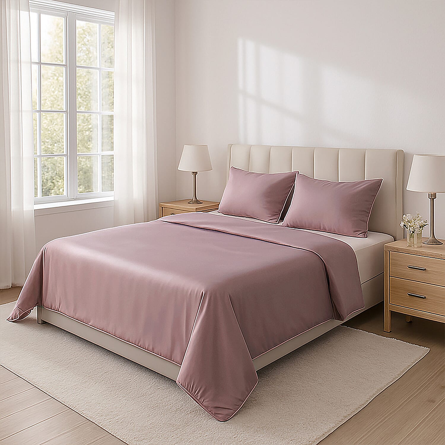 4-Piece Bamboo Bedding Set incl. Duvet Cover, Fitted Sheet &amp; 2 Pillowcases (Double) - Mauve 8040499 1