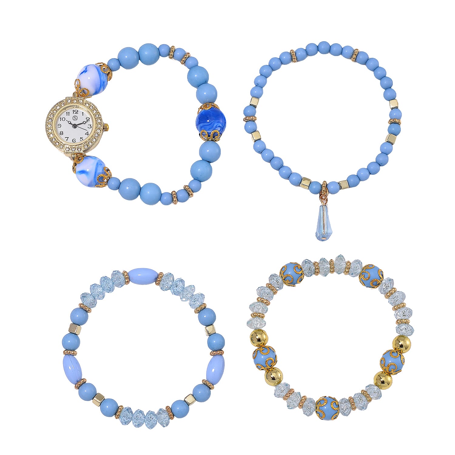 4 Piece Set - STRADA Crystal Watch With 3 Crystal Bracelets - Blue 4293709 0