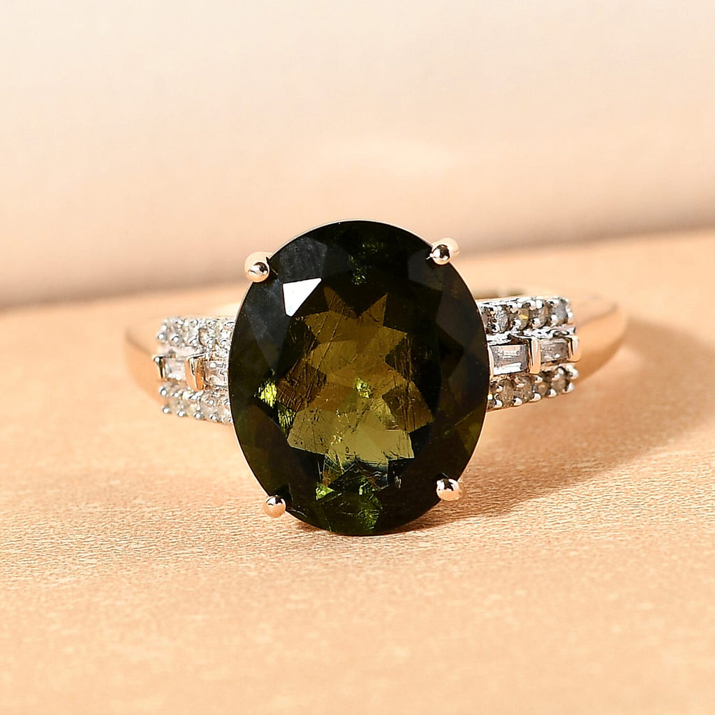 Collector Edition - 9K Yellow Gold Moldavite and Diamond Ring 4.39 Ct.