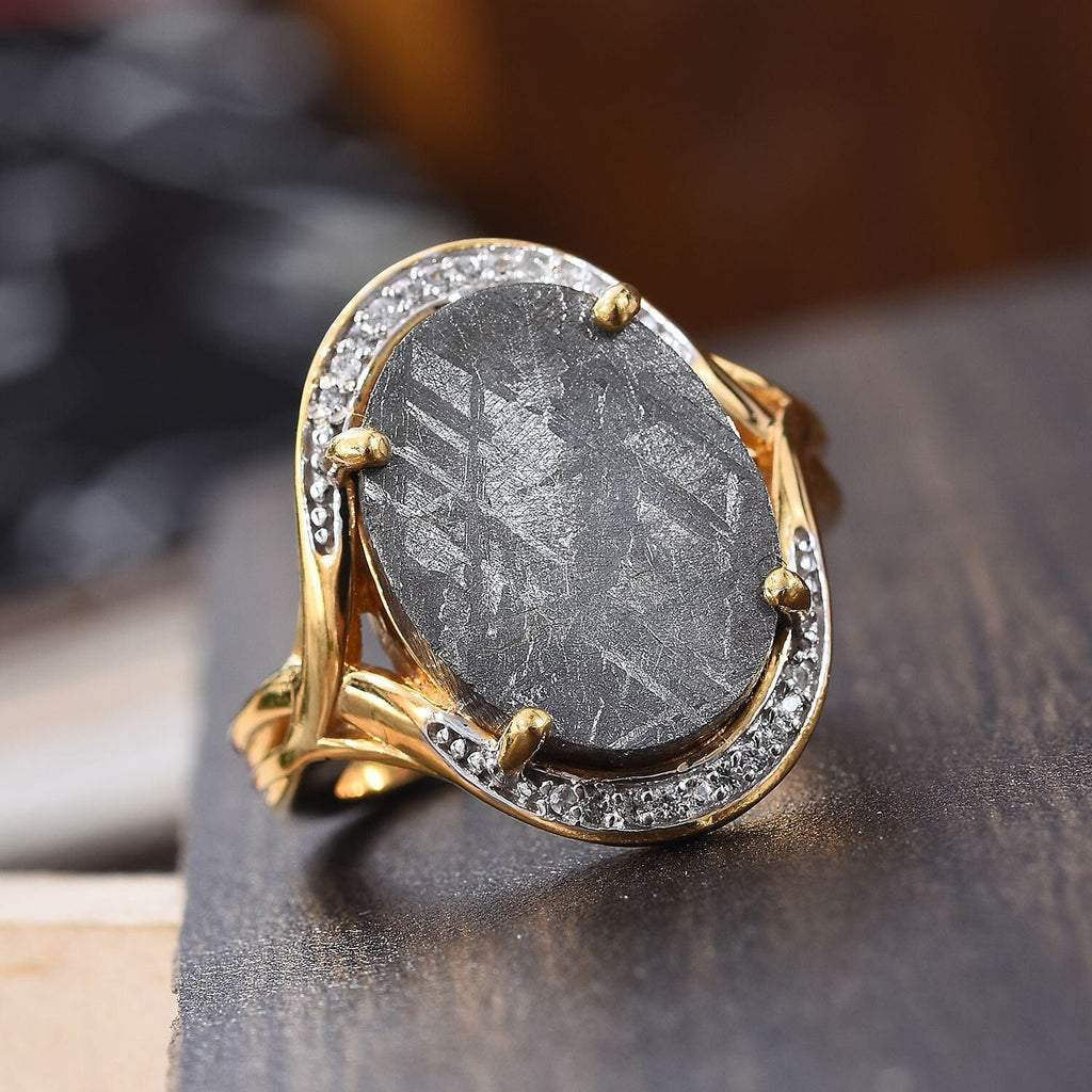 Tucson Special - Meteorite (Ovl 16x12mm), Natural Cambodian Zircon Ring in 14K Gold Overlay Sterling Silver 4.42 Ct.