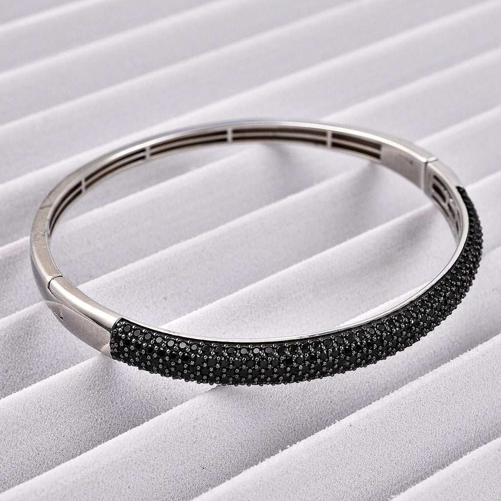 Natural Boi Ploi Black Spinel (Rnd)  Bangle (Size 7.5) in Rhodium and Black Overlay Sterling Silver. Silver wt 18.20 Gms, Number of Gemstone 239