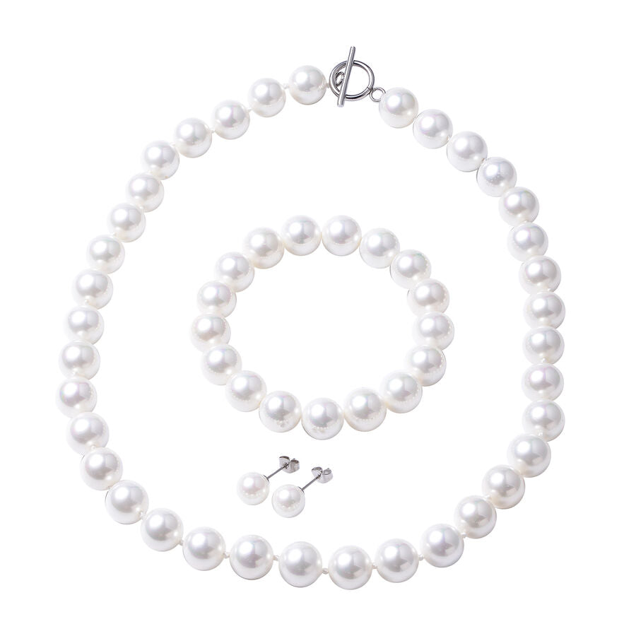 3 Piece Set - White Shell Pearl Stretchable Bracelet (Size - 6.5-7 Inch), Earrings and Knotted Necklace (Size-20) With T-Bar Clasp 4010465 0