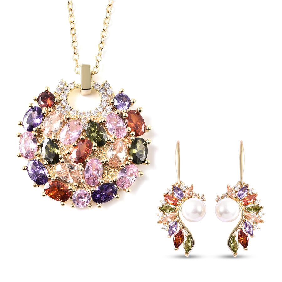 2 Piece Set - White Shell Pearl &amp; Multi Colour CZ Cluster Pendant with Chain &amp; Earrings 4034167 0