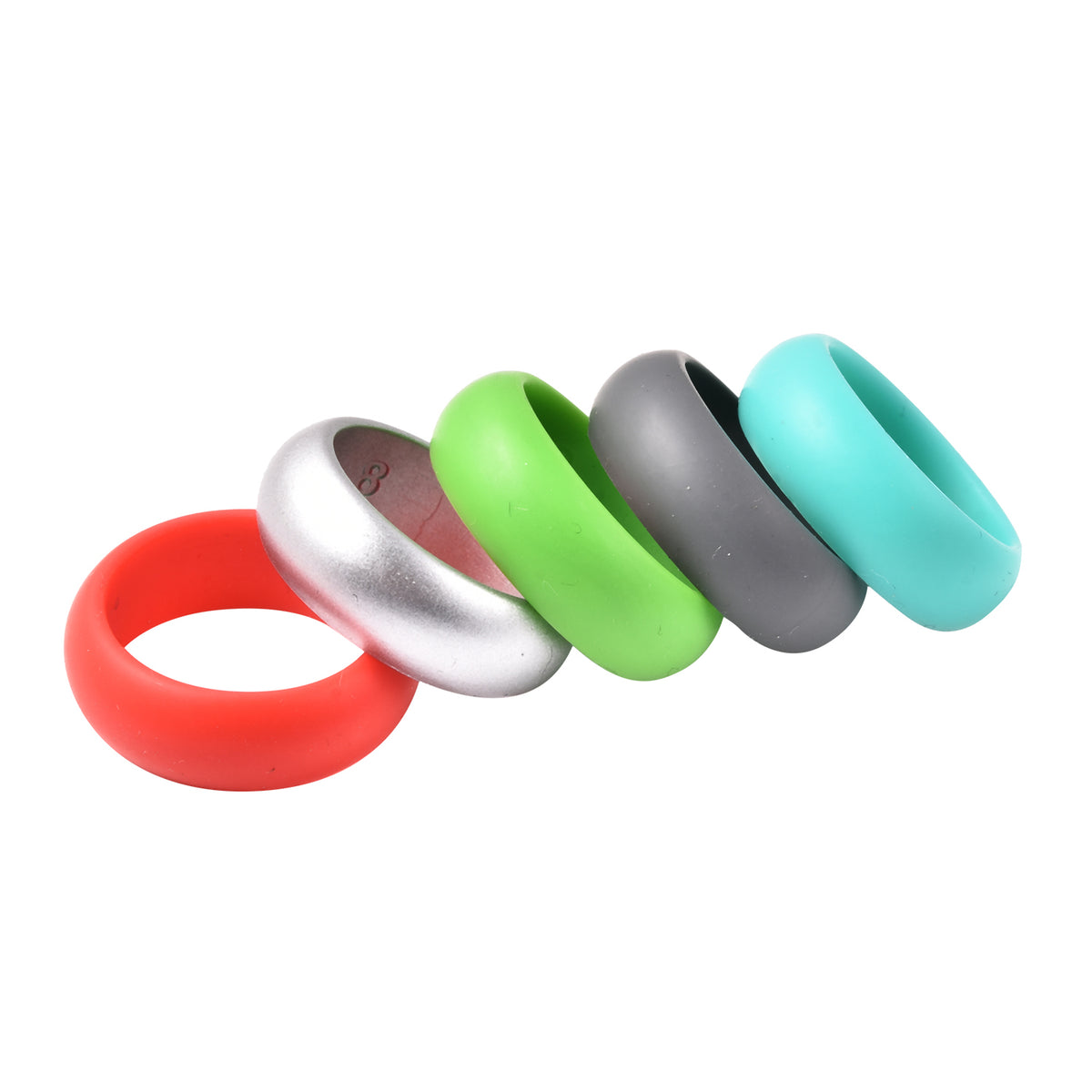 Set of 5 Silver, Dark Gray, Red, Green and Turquoise Colour Band Ring 4035393 2