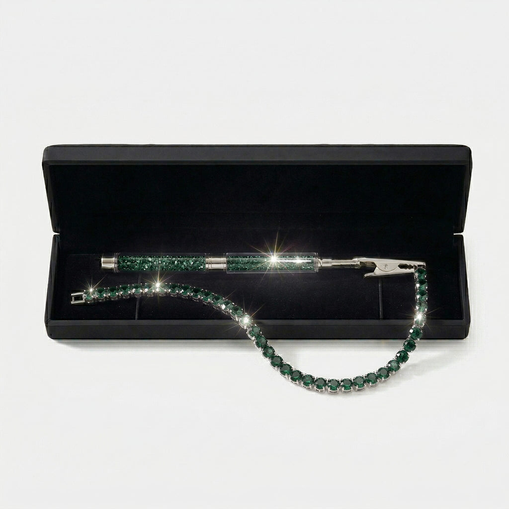 3 Piece Set - Green Crystal Bracelet (Size 7.5) with Bracelet Buddy & Bracelet Box in Silver Tone 70.00 Ct.