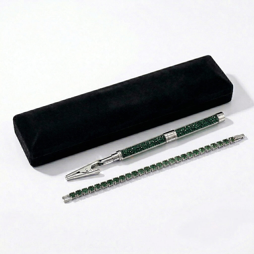 3 Piece Set - Green Crystal Bracelet (Size 7.5) with Bracelet Buddy & Bracelet Box in Silver Tone 70.00 Ct.
