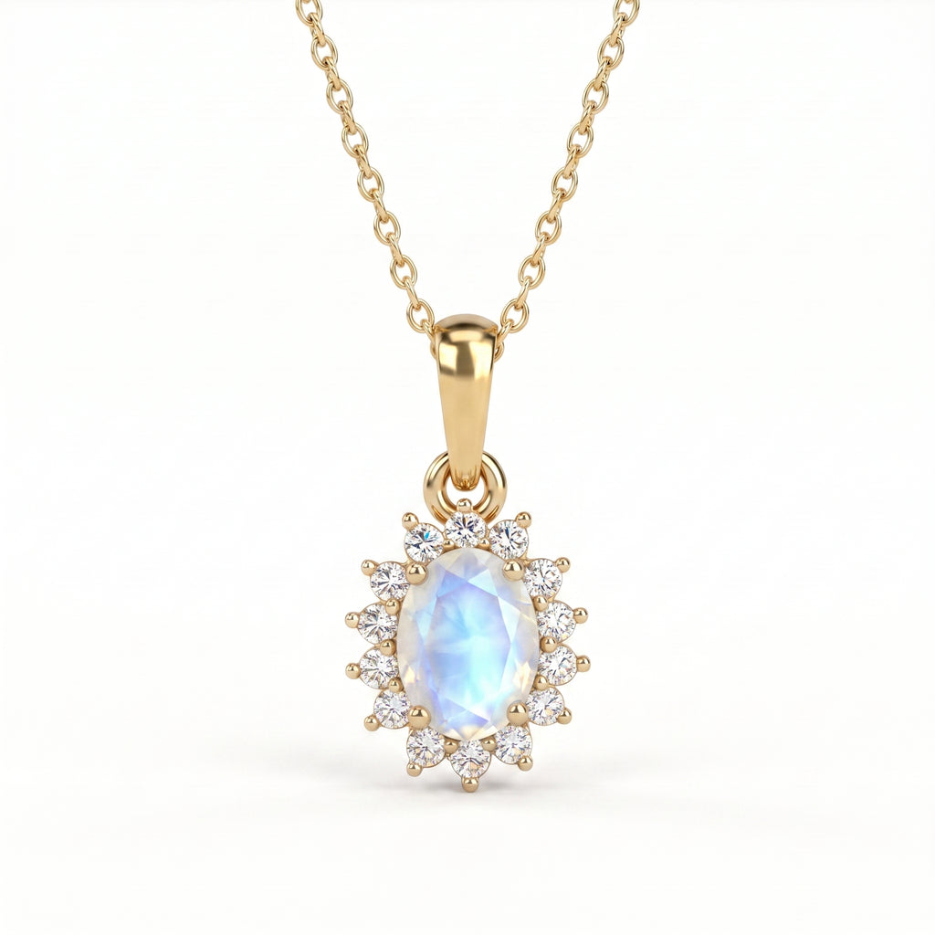 Royal Bali Collection - D'Joy Rainbow Moonstone & Natural Zircon Halo Pendant with Chain (Size - 20) in 18K Vermeil Yellow Gold Plated Sterling Silver 1.00 Ct_4139114
