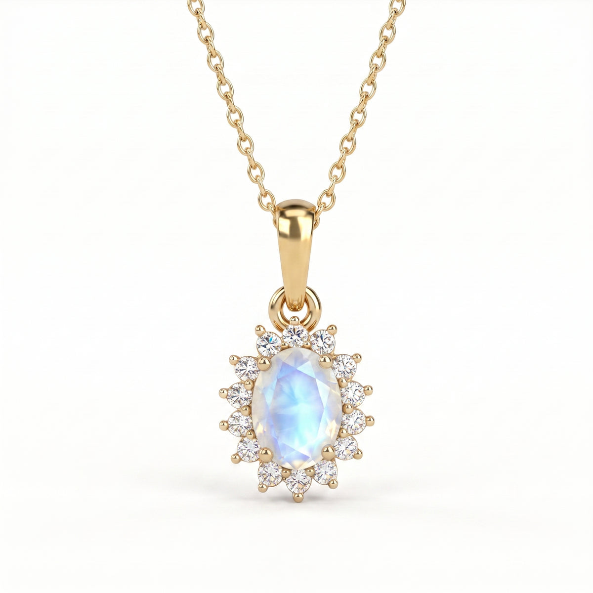Rainbow Moonstone and Natural Zircon Halo Pendant with Chain (Size - 20) in 18K Vermeil Yellow Gold Plated Sterling Silver 4139114 0