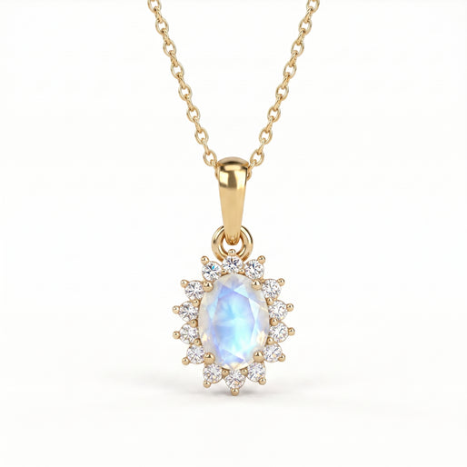 D'Joy - Rainbow Moonstone & Natural Zircon Halo Pendant with Chain (Size - 20) in 18K Vermeil Yellow Gold Plated Sterling Silver 1.00 Ct