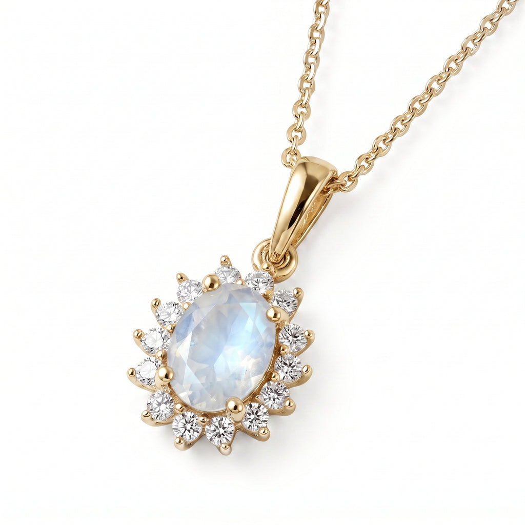 Royal Bali Collection - D'Joy Rainbow Moonstone & Natural Zircon Halo Pendant with Chain (Size - 20) in 18K Vermeil Yellow Gold Plated Sterling Silver 1.00 Ct_4139114_3