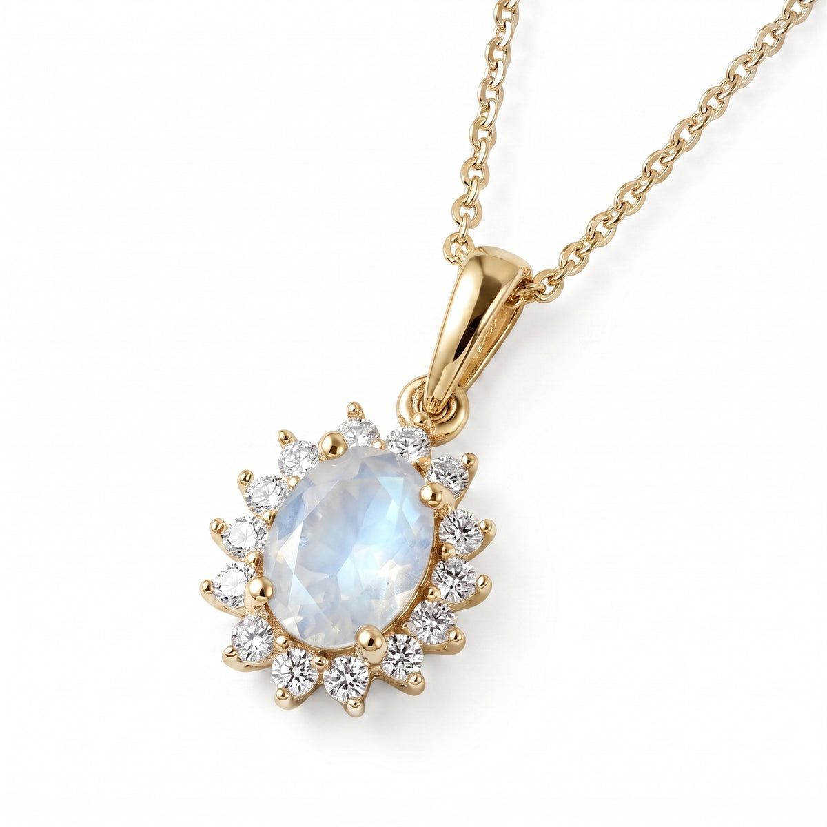 Rainbow Moonstone and Natural Zircon Halo Pendant with Chain (Size - 20) in 18K Vermeil Yellow Gold Plated Sterling Silver 4139114 3