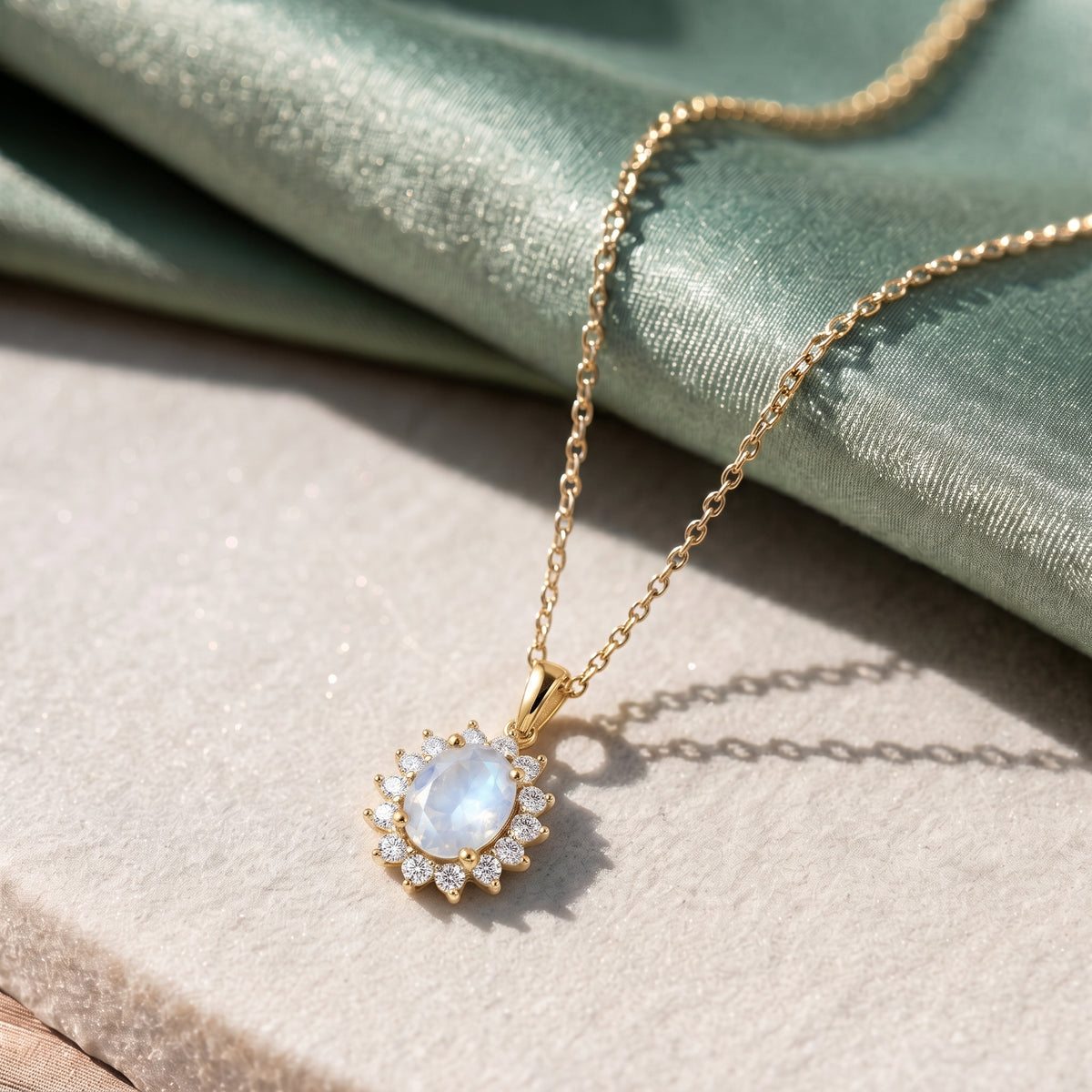 Rainbow Moonstone and Natural Zircon Halo Pendant with Chain (Size - 20) in 18K Vermeil Yellow Gold Plated Sterling Silver 4139114 4