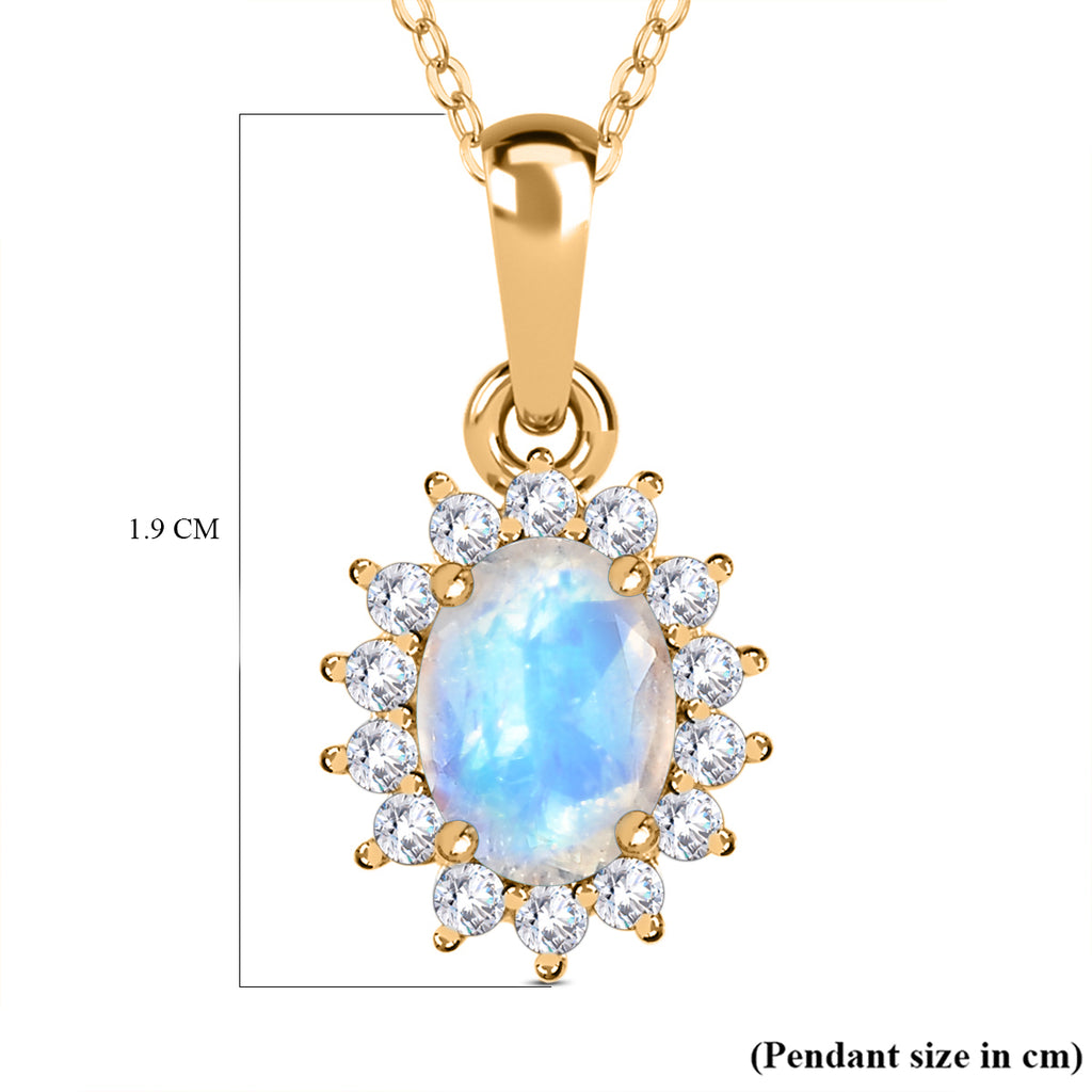 Royal Bali Collection - D'Joy Rainbow Moonstone & Natural Zircon Halo Pendant with Chain (Size - 20) in 18K Vermeil Yellow Gold Plated Sterling Silver 1.00 Ct_4139114_6