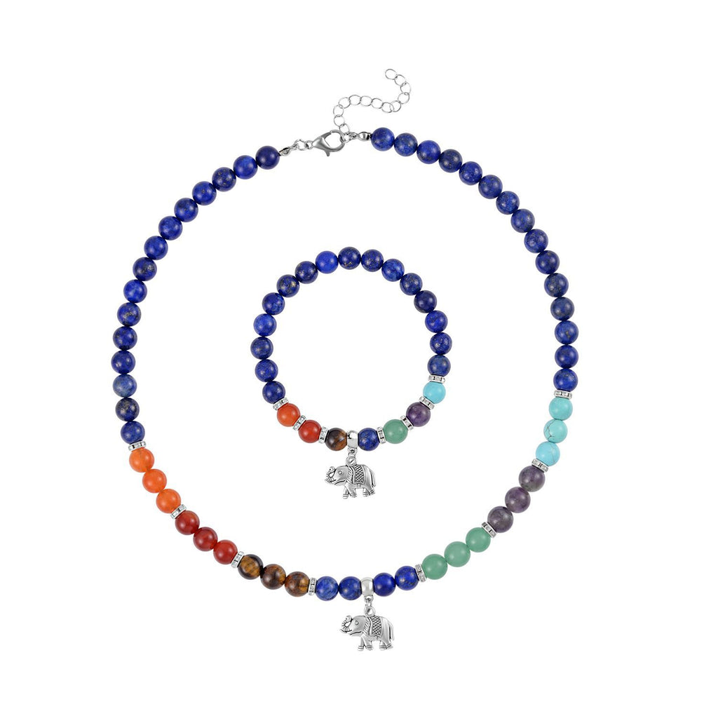 Set of 2 - Multi Gemstones 7 Chakras Elephant Motif Necklace (Size - 18+2 Ext) & Stretchable Bracelet (Size - 7.5) in Silver Tone 297.50 Ct._4166526