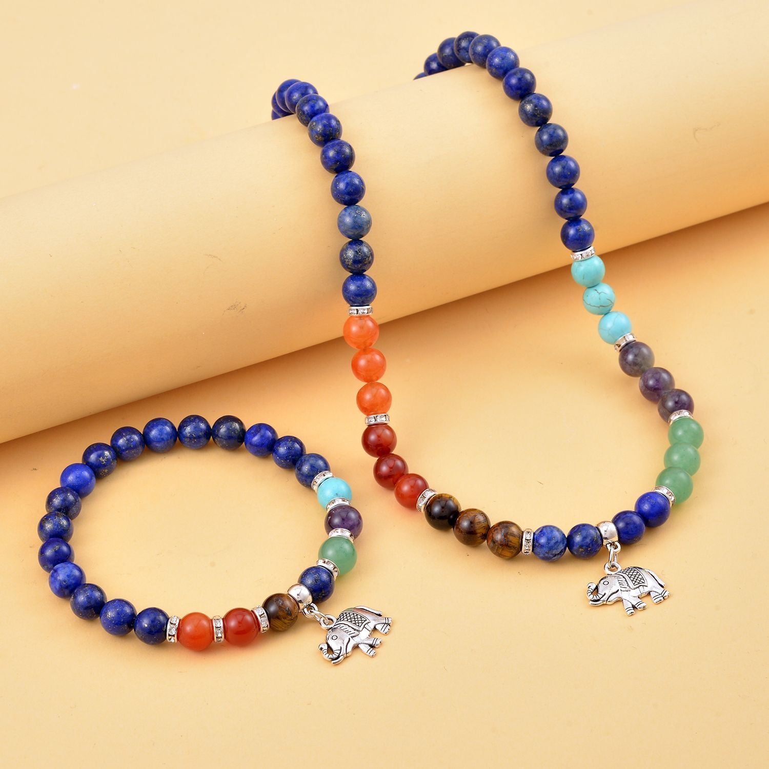 Set of 2 - Multi Gemstones 7 Chakras Elephant Motif Necklace (Size - 18+2 Ext) &amp; Stretchable Bracelet (Size - 7.5) in Silver Tone 297.50 Ct. V32534572 2