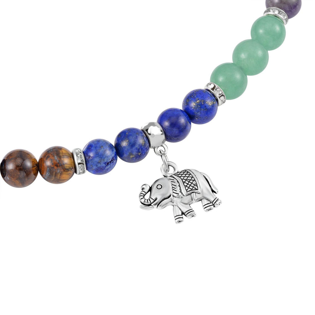 Set of 2 - Multi Gemstones 7 Chakras Elephant Motif Necklace (Size - 18+2 Ext) & Stretchable Bracelet (Size - 7.5) in Silver Tone 297.50 Ct._4166526_3