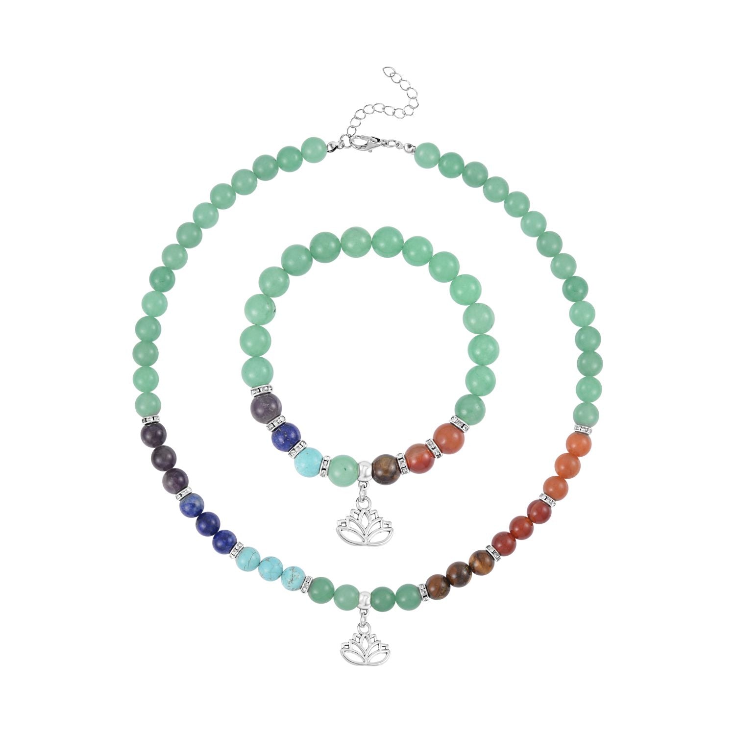 Set of 2 - Multi Gemstones 7 Chakras Lotus Motif Necklace (Size - 18+2 Ext) &amp; Stretchable Bracelet (Size - 7.5) in Silver Tone 297.50 Ct. V32521374 0