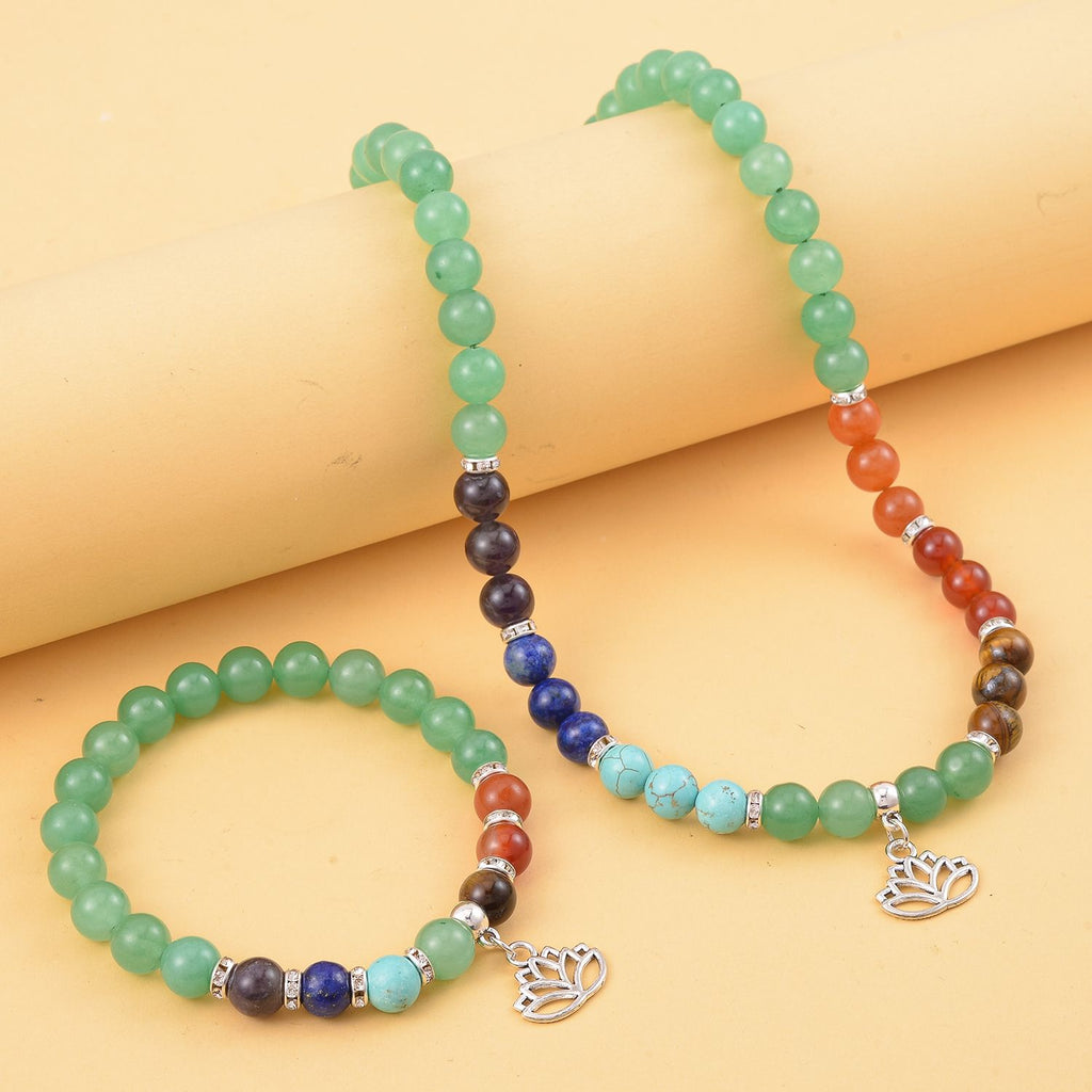 Set of 2 - Multi Gemstones 7 Chakras Lotus Motif Necklace (Size - 18+2 Ext) & Stretchable Bracelet (Size - 7.5) in Silver Tone 297.50 Ct._4166527_1