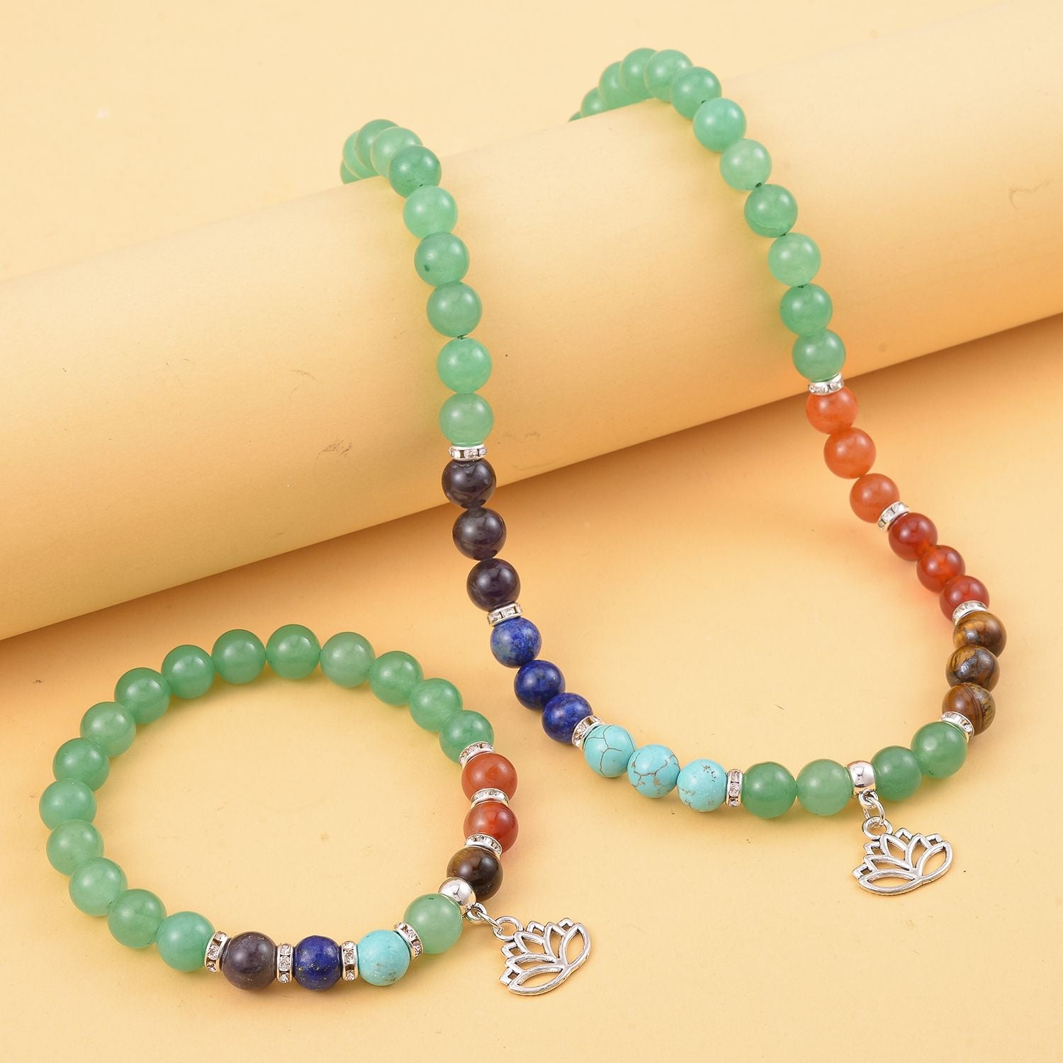 Set of 2 - Multi Gemstones 7 Chakras Lotus Motif Necklace (Size - 18+2 Ext) &amp; Stretchable Bracelet (Size - 7.5) in Silver Tone 297.50 Ct. V32521374 2