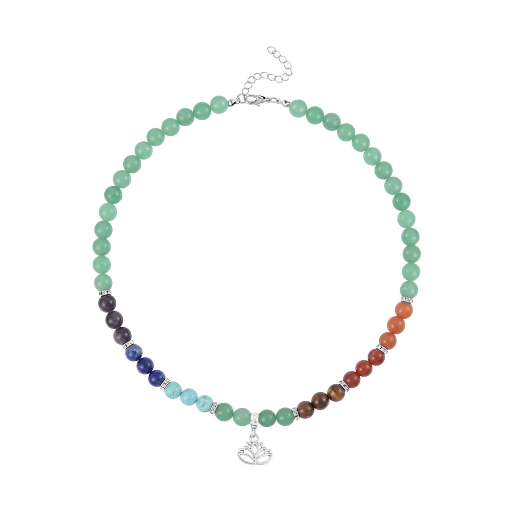 Set of 2 - Multi Gemstones 7 Chakras Lotus Motif Necklace (Size - 18+2 Ext) & Stretchable Bracelet (Size - 7.5) in Silver Tone 297.50 Ct._4166527_2