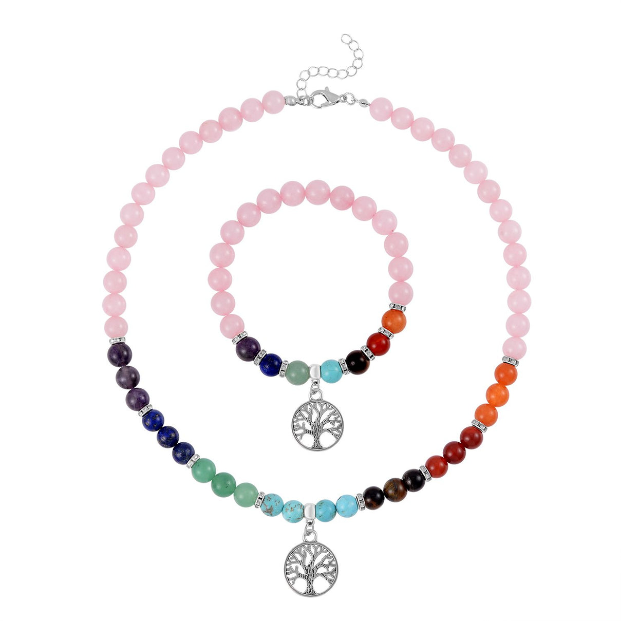 Set of 2 - Multi Gemstones 7 Chakras Tree of Life Necklace (Size - 18+2 Ext) &amp; Stretchable Bracelet (Size - 7.5) in Silver Tone 297.50 Ct. V32533647 0