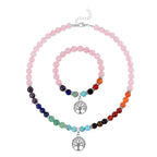 Set of 2 - Multi Gemstones 7 Chakras Tree of Life Necklace (Size - 18+2 Ext) & Stretchable Bracelet (Size - 7.5) in Silver Tone 297.50 Ct._4166528