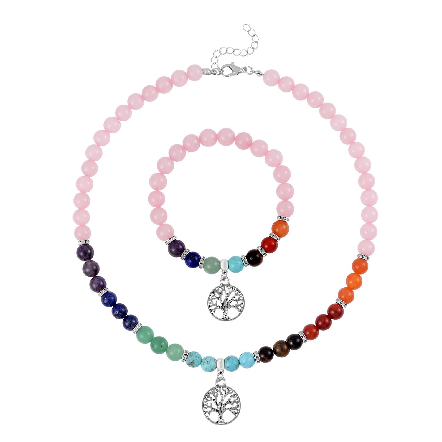 Set of 2 - Multi Gemstones 7 Chakras Tree of Life Necklace (Size - 18+2 Ext) &amp; Stretchable Bracelet (Size - 7.5) in Silver Tone 297.50 Ct. V32533647 0