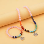 Set of 2 - Multi Gemstones 7 Chakras Tree of Life Necklace (Size - 18+2 Ext) & Stretchable Bracelet (Size - 7.5) in Silver Tone 297.50 Ct._4166528_1