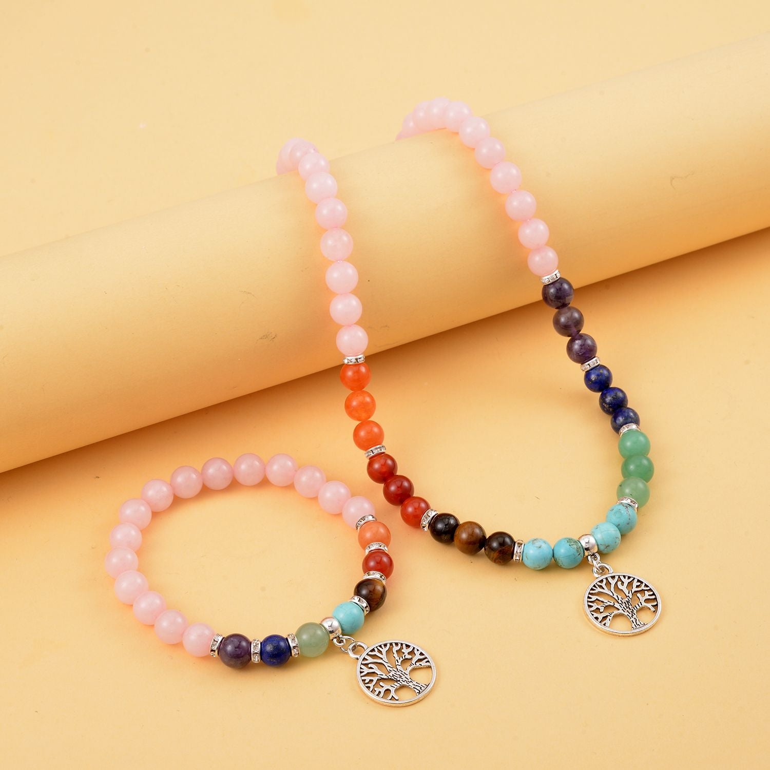 Set of 2 - Multi Gemstones 7 Chakras Tree of Life Necklace (Size - 18+2 Ext) &amp; Stretchable Bracelet (Size - 7.5) in Silver Tone 297.50 Ct. V32533647 2