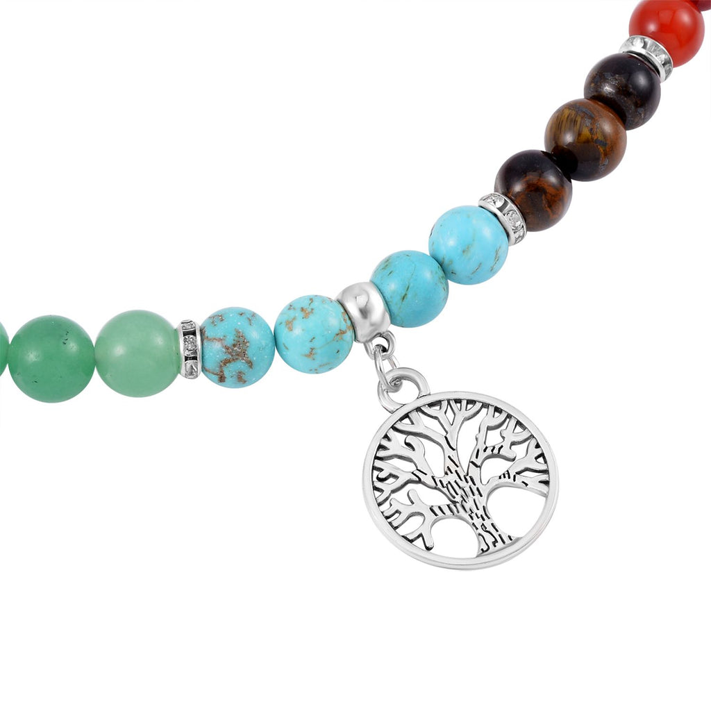 Set of 2 - Multi Gemstones 7 Chakras Tree of Life Necklace (Size - 18+2 Ext) & Stretchable Bracelet (Size - 7.5) in Silver Tone 297.50 Ct._4166528_3
