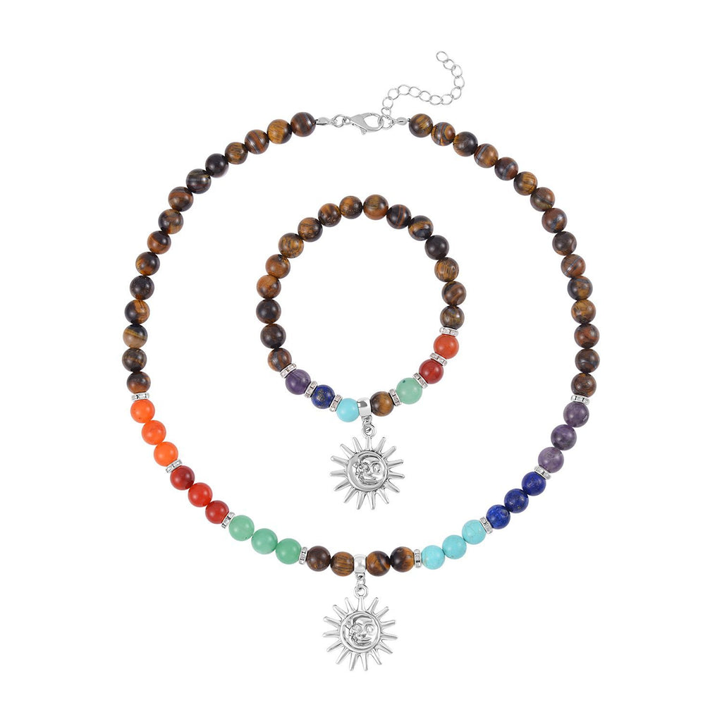 Set of 2 - Multi Gemstones 7 Chakras Sun Charm Necklace (Size - 18+2 Ext) & Stretchable Bracelet (Size - 7.5) in Silver Tone 297.50 Ct._4166531