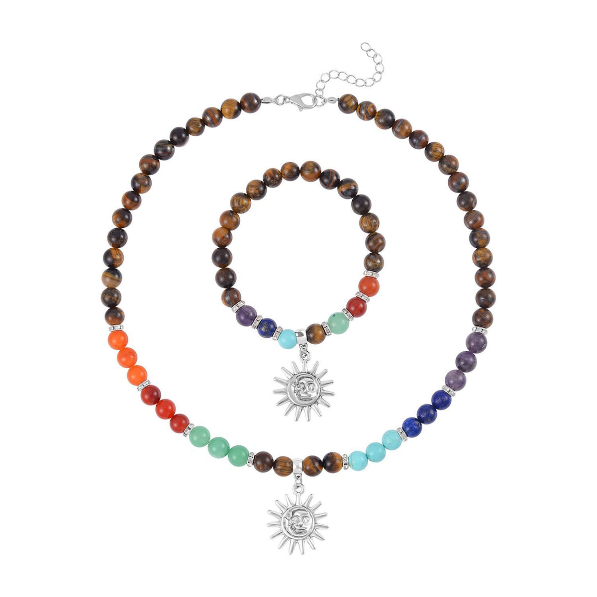 Set of 2 - Multi Gemstones 7 Chakras Sun Charm Necklace (Size - 18+2 Ext) &amp; Stretchable Bracelet (Size - 7.5) in Silver Tone 297.50 Ct. V32519857 0