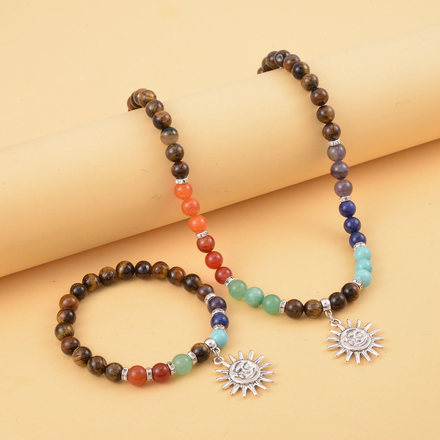 Set of 2 - Multi Gemstones 7 Chakras Sun Charm Necklace (Size - 18+2 Ext) &amp; Stretchable Bracelet (Size - 7.5) in Silver Tone 297.50 Ct. V32519857 2