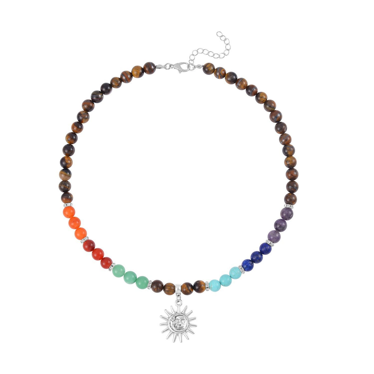 Set of 2 - Multi Gemstones 7 Chakras Sun Charm Necklace (Size - 18+2 Ext) &amp; Stretchable Bracelet (Size - 7.5) in Silver Tone 297.50 Ct. V32519857 3