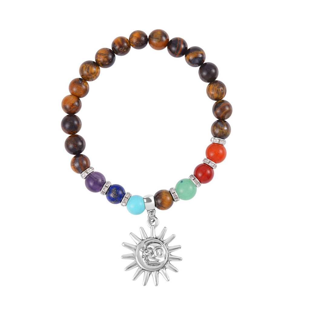Set of 2 - Multi Gemstones 7 Chakras Sun Charm Necklace (Size - 18+2 Ext) & Stretchable Bracelet (Size - 7.5) in Silver Tone 297.50 Ct._4166531_5