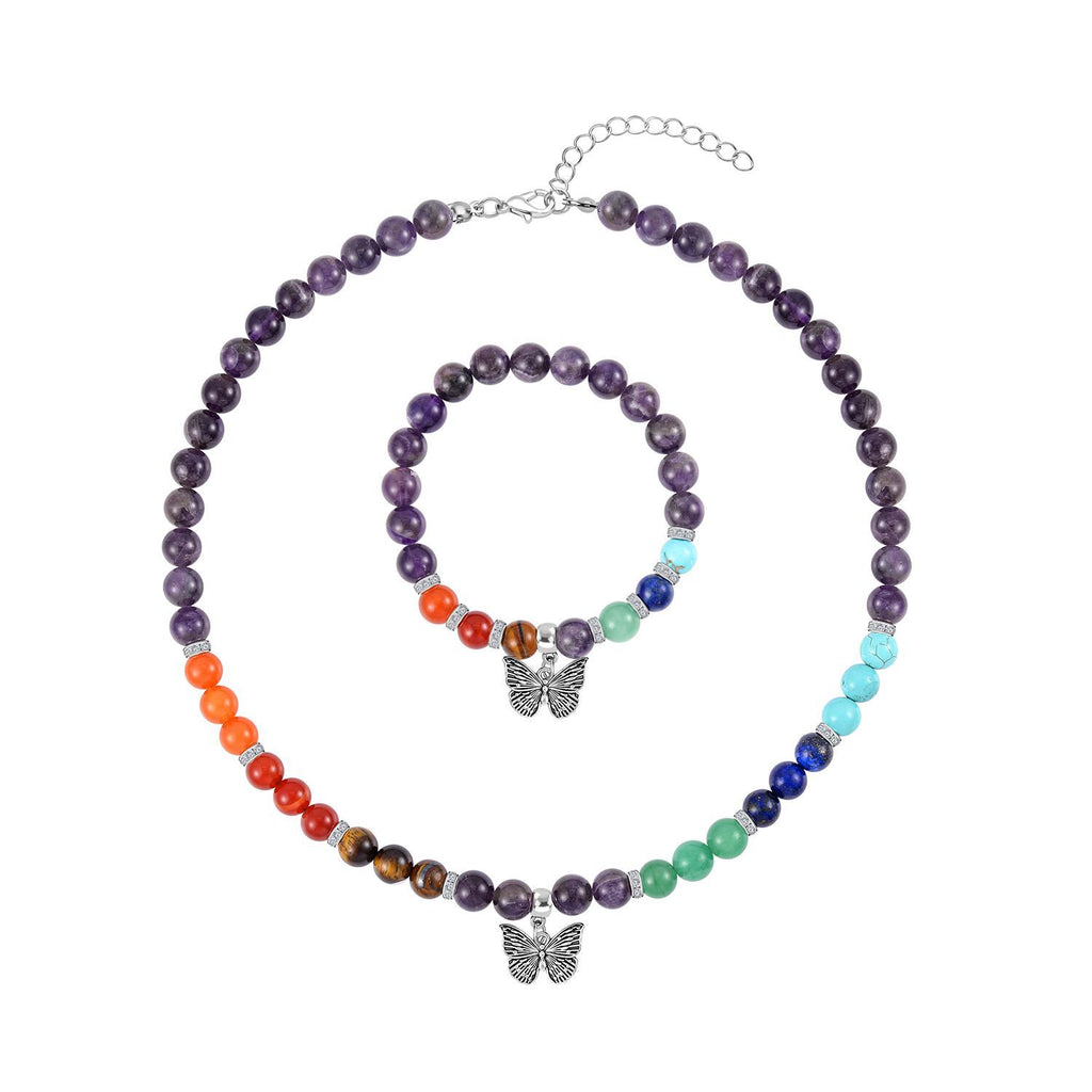 Set of 2 - Multi Gemstones 7 Chakras Butterfly Charm Necklace (Size - 18+2 Ext) & Stretchable Bracelet (Size - 7.5) in Silver Tone 297.50 Ct._4166532