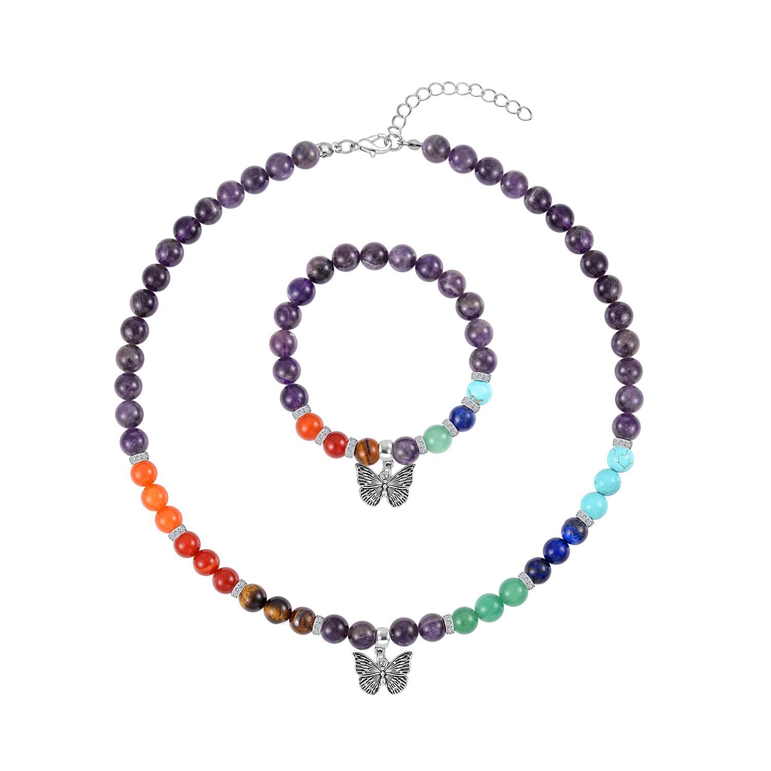 Set of 2 - Multi Gemstones 7 Chakras Butterfly Charm Necklace (Size - 18+2 Ext) &amp; Stretchable Bracelet (Size - 7.5) in Silver Tone 297.50 Ct. V32530982 0