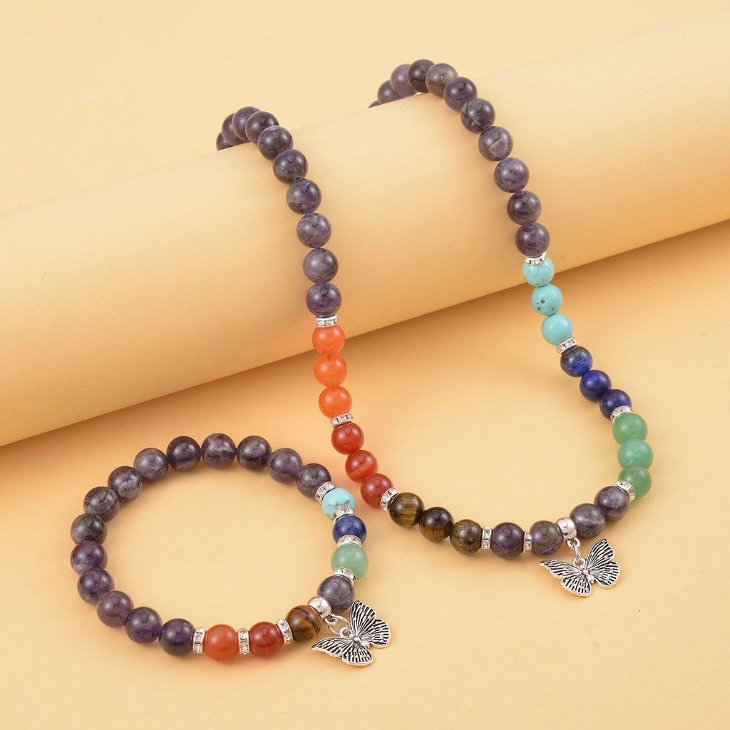 Set of 2 - Multi Gemstones 7 Chakras Butterfly Charm Necklace (Size - 18+2 Ext) & Stretchable Bracelet (Size - 7.5) in Silver Tone 297.50 Ct._4166532_1