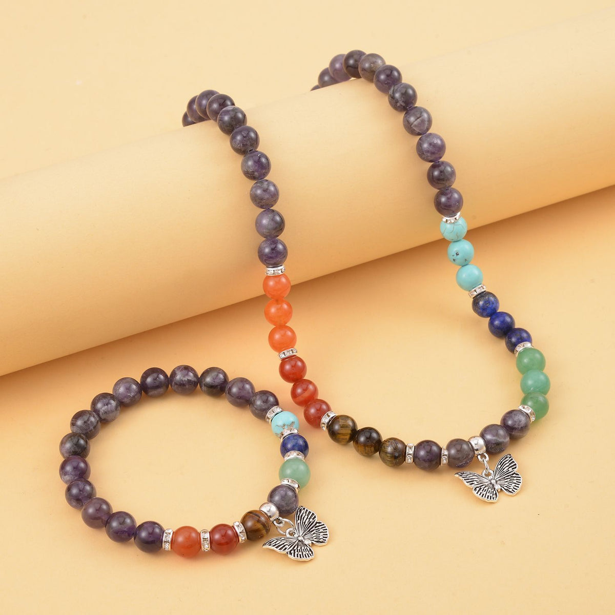 Set of 2 - Multi Gemstones 7 Chakras Butterfly Charm Necklace (Size - 18+2 Ext) &amp; Stretchable Bracelet (Size - 7.5) in Silver Tone 297.50 Ct. V32530982 2