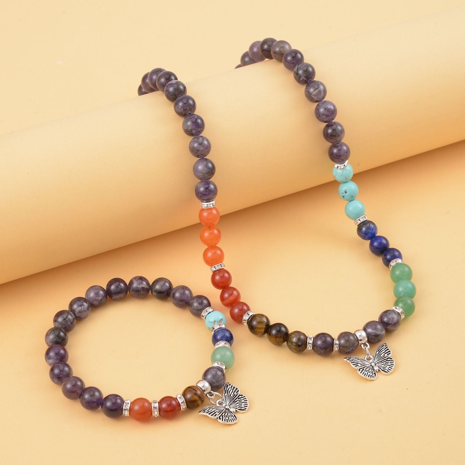 Set of 2 - Multi Gemstones 7 Chakras Butterfly Charm Necklace (Size - 18+2 Ext) &amp; Stretchable Bracelet (Size - 7.5) in Silver Tone 297.50 Ct. V32530982 2