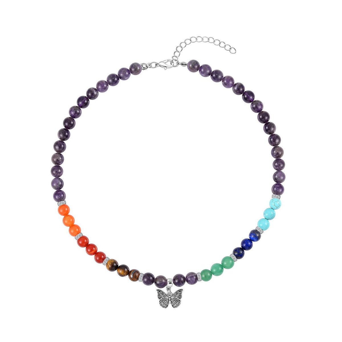 Set of 2 - Multi Gemstones 7 Chakras Butterfly Charm Necklace (Size - 18+2 Ext) &amp; Stretchable Bracelet (Size - 7.5) in Silver Tone 297.50 Ct. V32530982 3