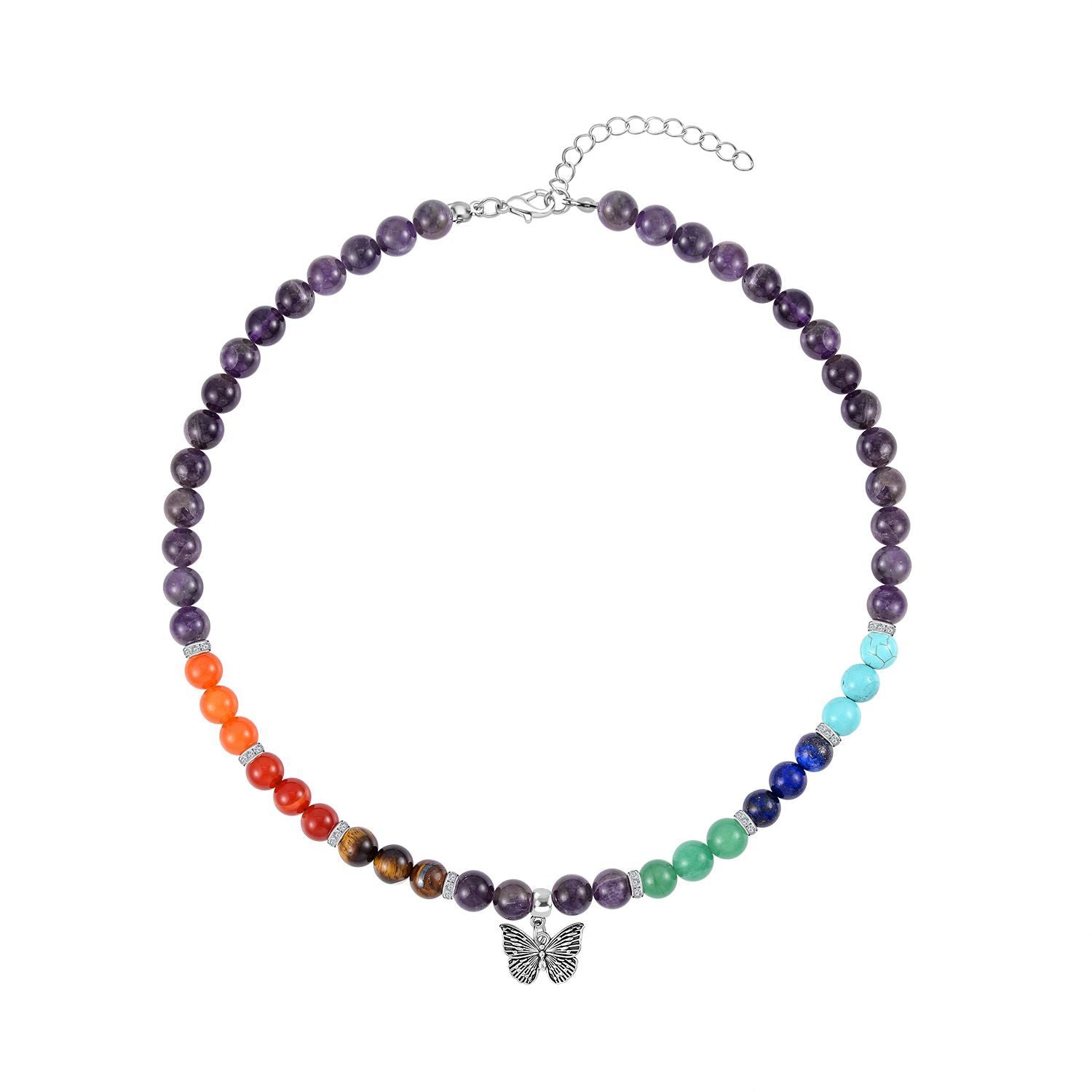 Set of 2 - Multi Gemstones 7 Chakras Butterfly Charm Necklace (Size - 18+2 Ext) &amp; Stretchable Bracelet (Size - 7.5) in Silver Tone 297.50 Ct. V32530982 3