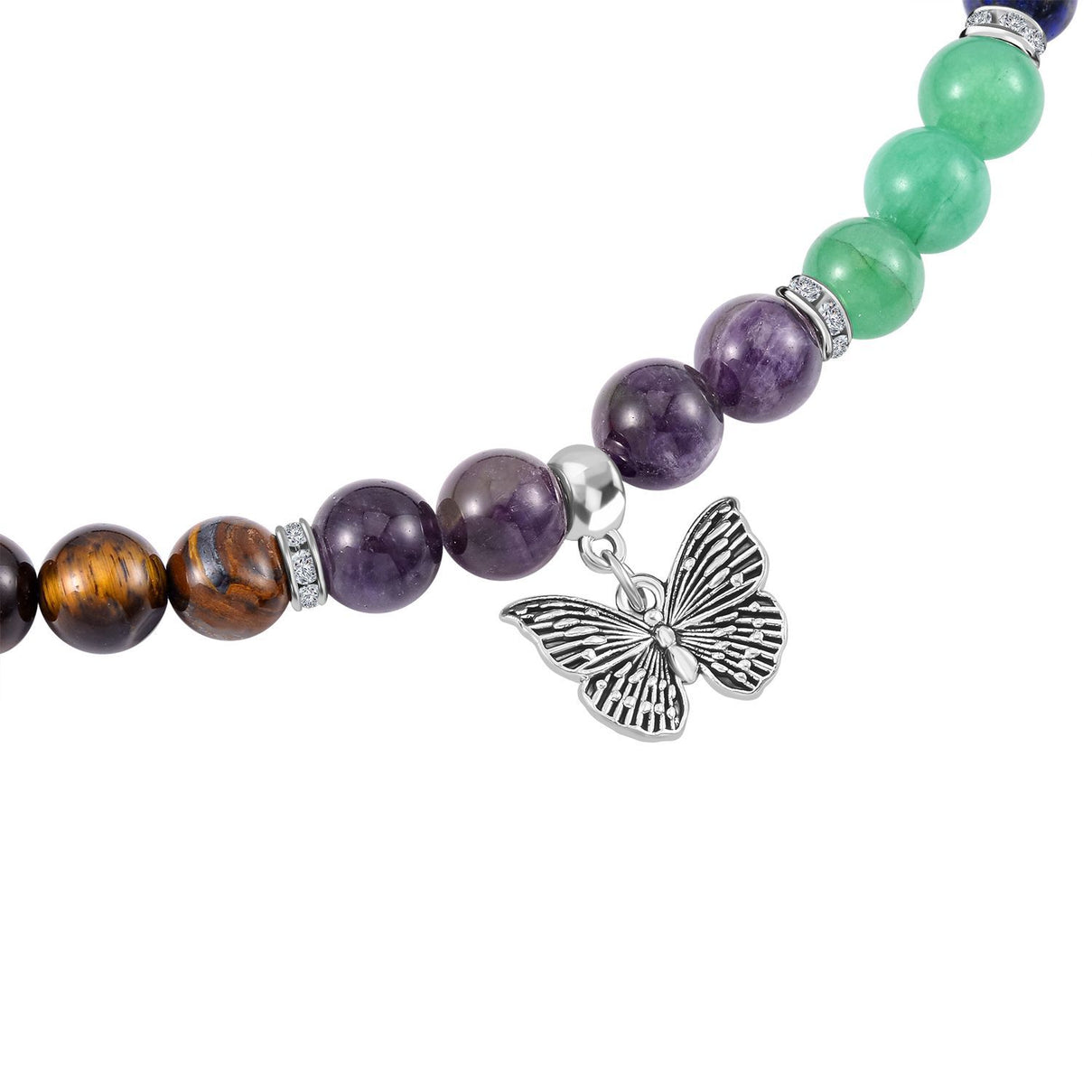 Set of 2 - Multi Gemstones 7 Chakras Butterfly Charm Necklace (Size - 18+2 Ext) &amp; Stretchable Bracelet (Size - 7.5) in Silver Tone 297.50 Ct. V32530982 4
