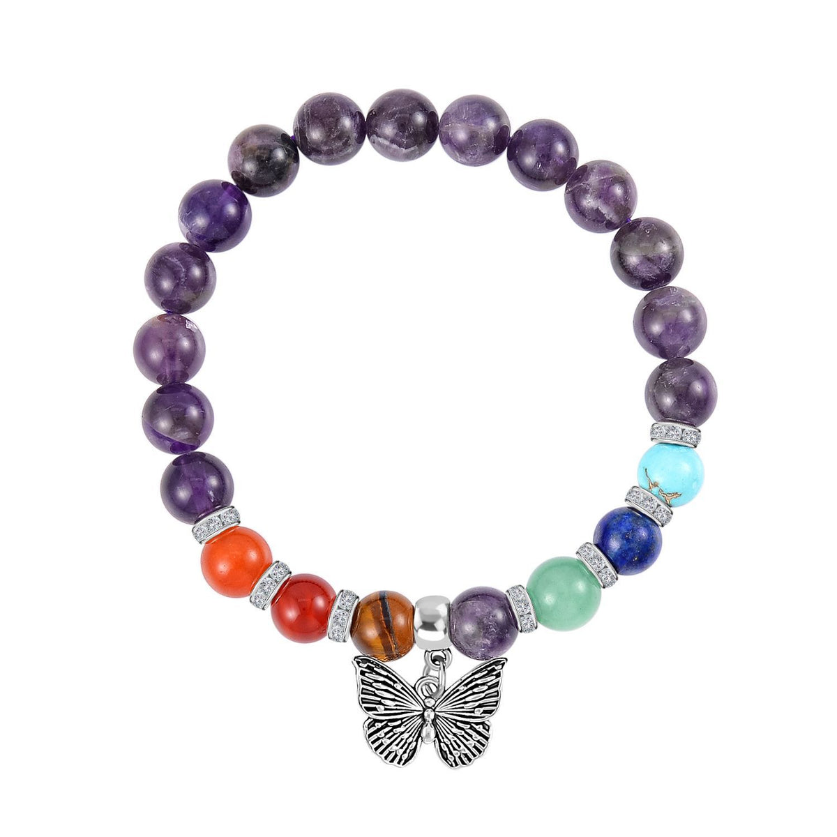 Set of 2 - Multi Gemstones 7 Chakras Butterfly Charm Necklace (Size - 18+2 Ext) &amp; Stretchable Bracelet (Size - 7.5) in Silver Tone 297.50 Ct. V32530982 6
