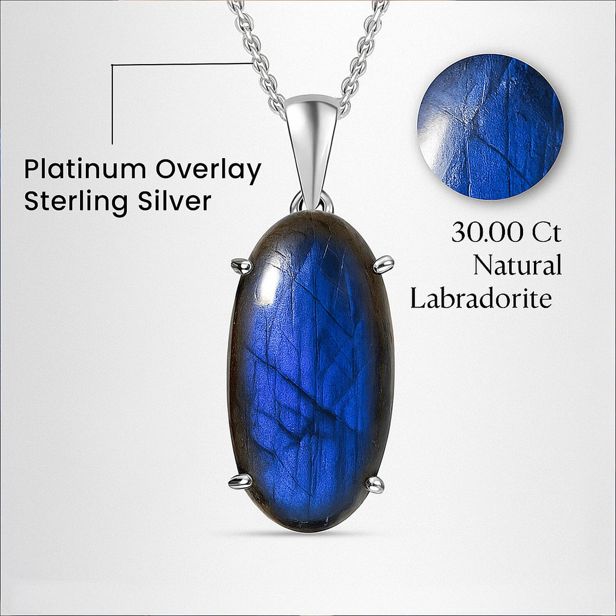 30 Ct. Labradorite Solitaire Pendant in Sterling Silver With Stainless Steel Chain (Size 20) 4180092 3