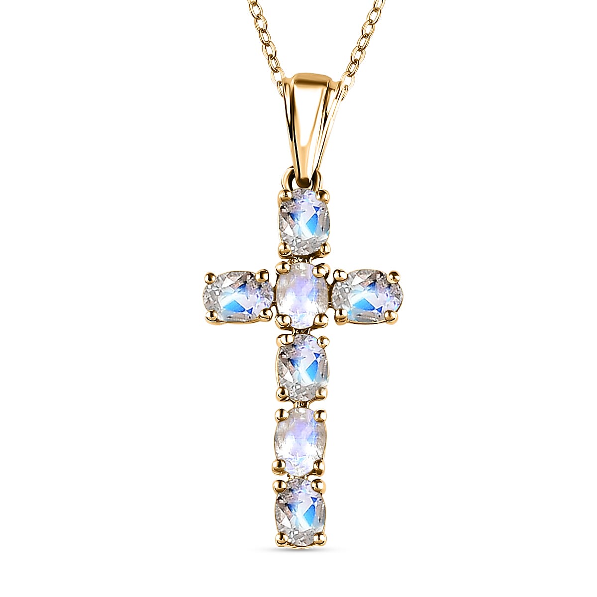 D'Joy - Rainbow Moonstone Cross Pendant with Chain (Size - 20) in 18K Vermeil Yellow Gold Plated Sterling Silver 1.10 Ct. V32518692 0